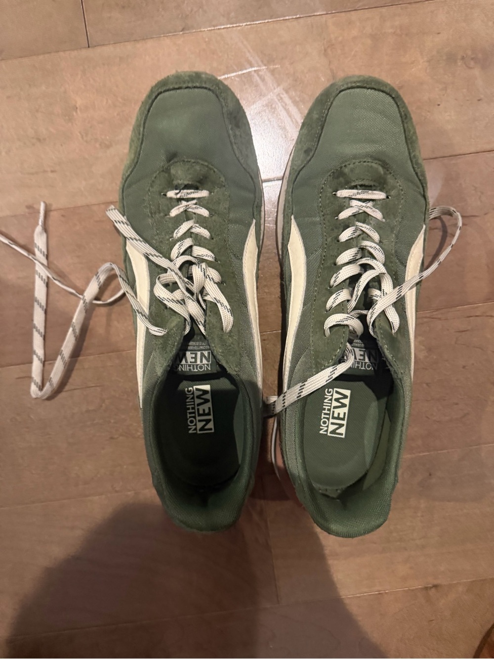 Nothing New Men's Olive Green Suede & Canvas Sneakers with Cream Stripe